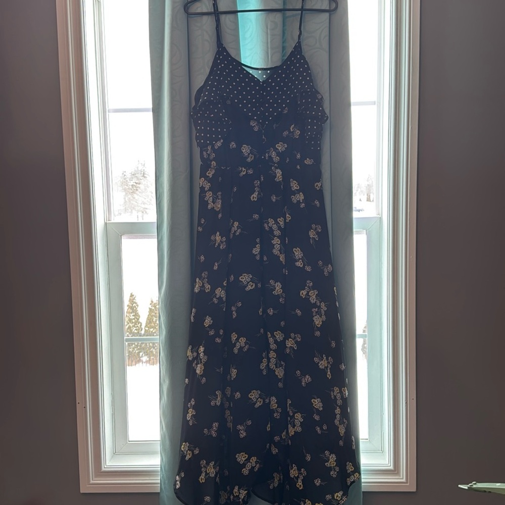 Black polkadot and floral cold shoulder handkerchief dress